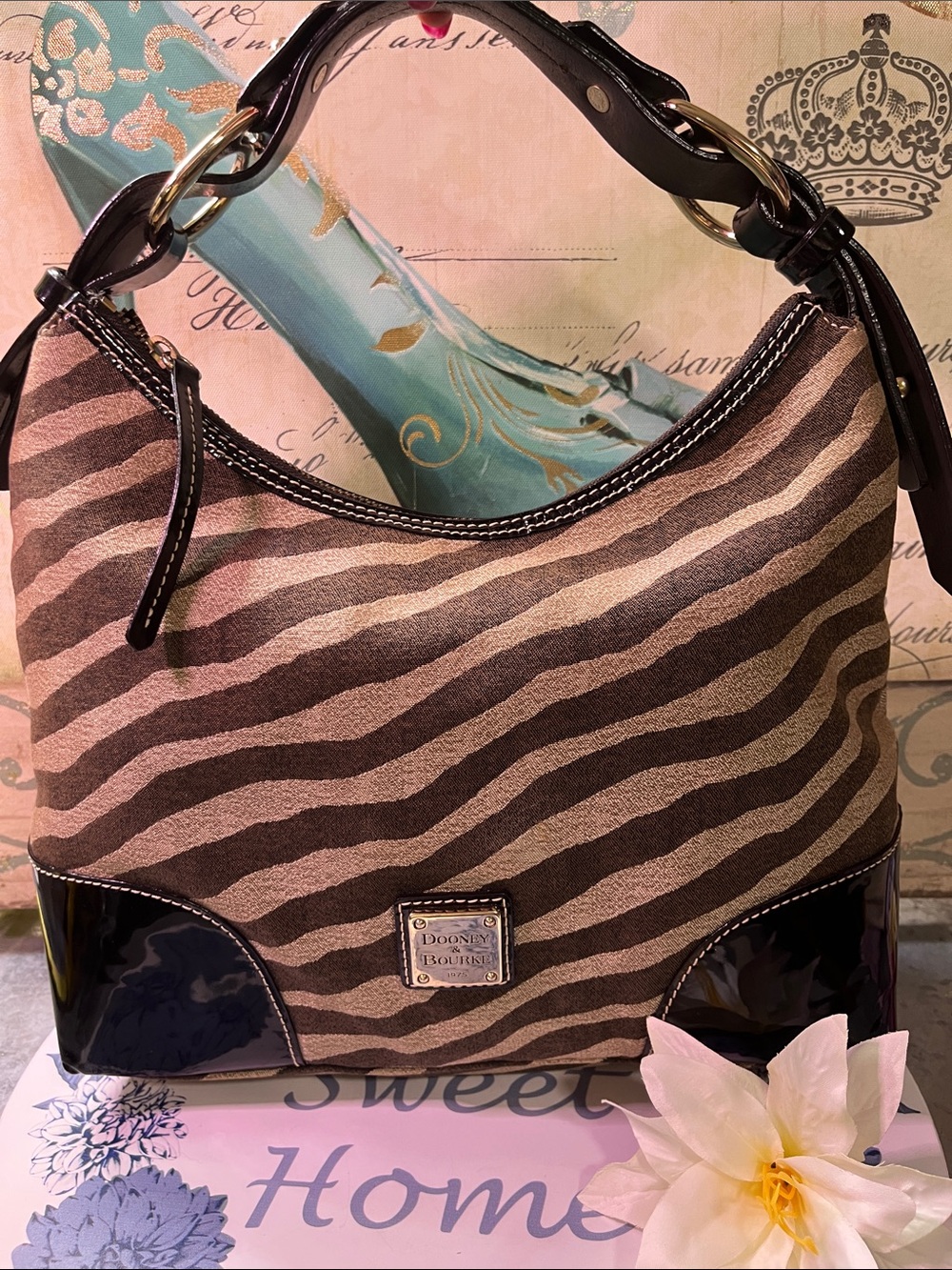 Dooney & Bourke Brown Zebra-Print Shoulder Hobo with Black Patent Trim